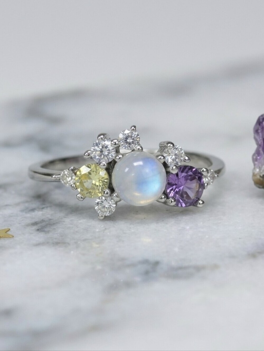 925 Sterling Silver Genuine Moonstone Colorful CZ Cluster Ring Celestial Size 7